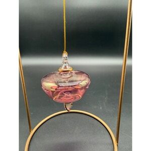 Vintage Iridescent Pink Hand Blown Glass Ornament Etched Floral Gold Trim 3"